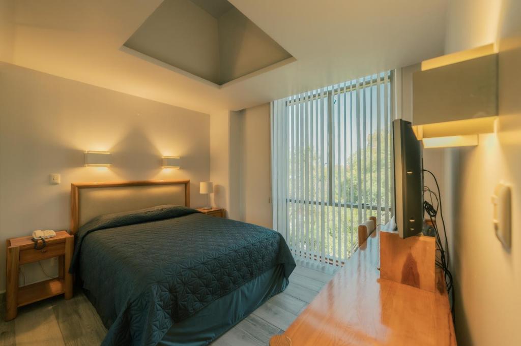 a bedroom with a bed and a tv and a window at Suites Arquimedes 33 in Mexico City