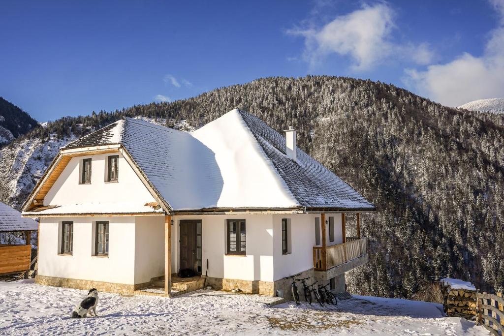 ein Haus im Schnee vor einem Berg in der Unterkunft Pensiunea Hodăița in Măgura