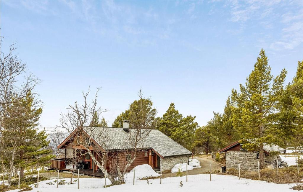 una baita di tronchi nella neve con alberi di Lovely Home In Dovre With Kitchen a Dovre