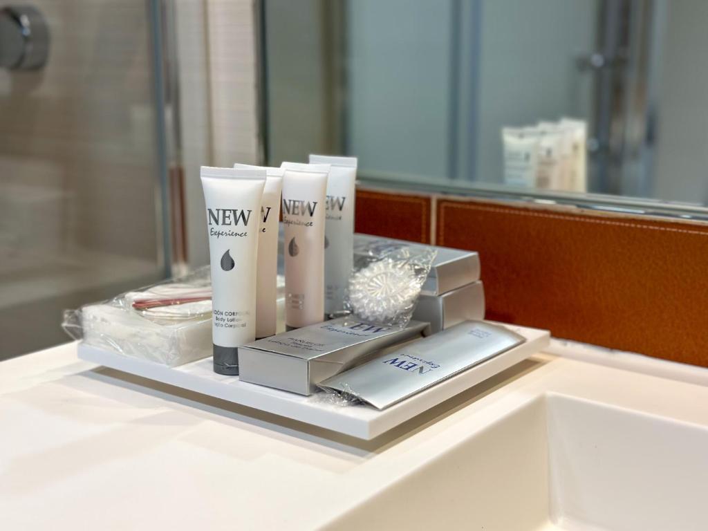 a tray with new k beauty products on a counter at Turia Granada in Granada