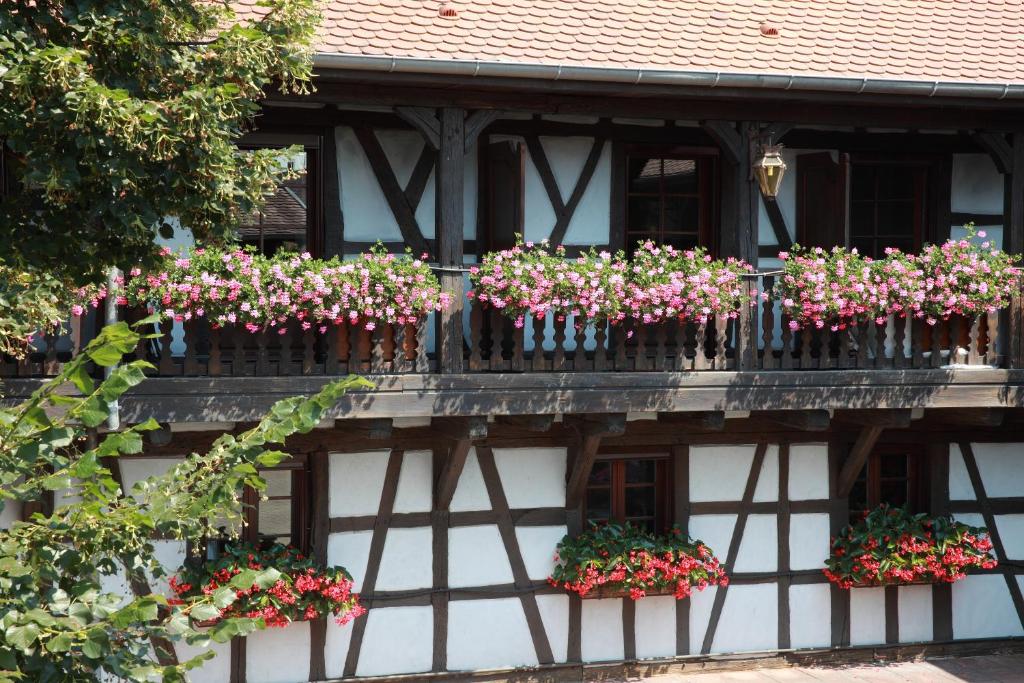 a bunch of flowers on a balcony of a building at Hotel Restaurant Père Benoît in Entzheim