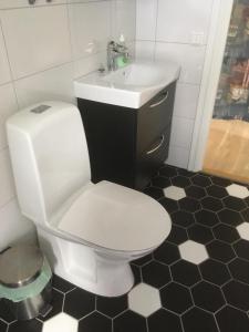 a bathroom with a white toilet and a sink at Långesjö lillstuga in Fjällbacka