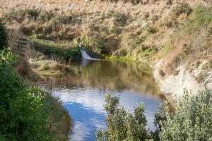 a river with a waterfall in the middle of a field at Old Bones Lodge in Oamaru