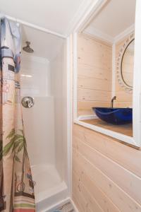 a bathroom with a blue sink in a room at Tiny House Siesta in Sarasota