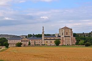 La Vid y BarriosHospedería Monasterio de La Vid的一座有清真寺和田野的古老建筑