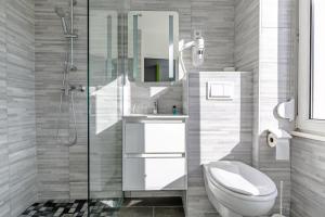 a bathroom with a toilet and a sink and a shower at Hotel Esplanade in Strasbourg