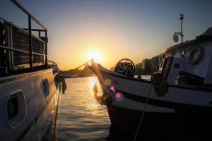 two boats are docked in the water at sunset at AmicitiA in Amsterdam