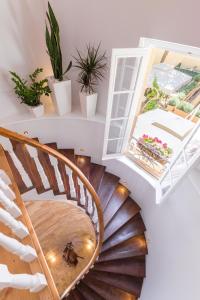 a spiral staircase with potted plants and a mirror at Acanthus blue in Corfu