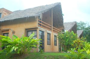 uma casa antiga com telhado de palha e plantas em Axkan Palenque em Palenque