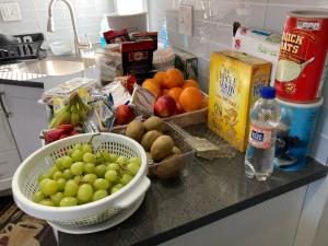 a kitchen counter with a bowl of grapes and a bowl of fruit at Luxury Rooms near Temple U, Drexel, UPenn, and the MET in Philadelphia