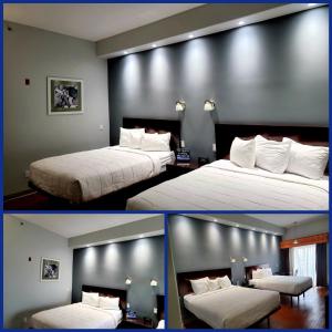 two pictures of a hotel room with two beds at Blue Bay Inn and Suites in South Padre Island