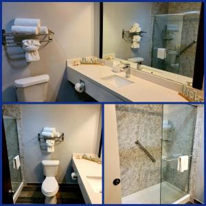 a bathroom with a sink and a toilet and a shower at Blue Bay Inn and Suites in South Padre Island