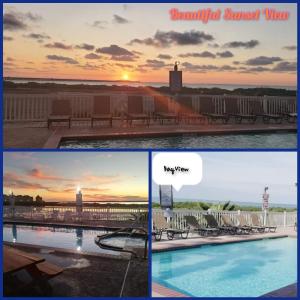 a collage of photos of a resort with a pool and the sunset at Blue Bay Inn and Suites in South Padre Island