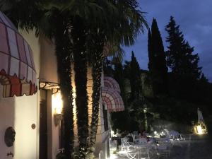 a palm tree in front of a building at night at Villa Varenna in Varenna