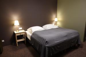 a bedroom with a large bed with two lamps on it at Basalt Hotel in Borgarnes