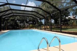 a swimming pool with a metal canopy over it at University House - 8 Bedrooms Walk to UF / Stadium in Gainesville