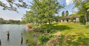 a house next to a lake with trees at Aquasole in Mercallo