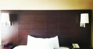 um quarto com uma parede castanha, uma cama e um telefone em Comfort Inn & Conference Centre Toronto Airport em Toronto