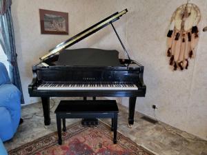 un piano sentado en una sala de estar junto a una pared en A rest after a day in the Death Valley desert, en Scranton