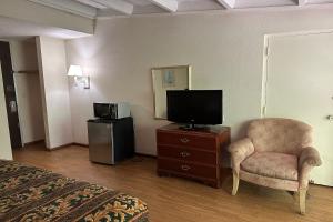 a hotel room with a bed and a chair and a television at Kampus Inn by OYO Gainesville - University Area in Gainesville