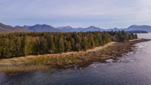 an island in the water with trees and mountains at So Damn Lucky Glamping in Ucluelet