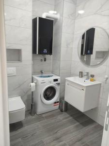 a bathroom with a washing machine and a sink at Apartman Waldy in Osijek