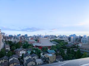 a view of a city with buildings and a pagoda at the Moto Hotel Asakusa in Tokyo