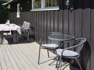 a patio with two chairs and a table and two tables at Holiday home Halden IV in Halden