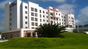 a large white building with a palm tree in front of it at Hilton Garden Inn Tuxtla Gutierrez in Tuxtla Gutiérrez