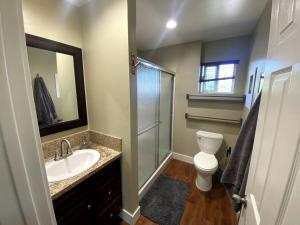 a bathroom with a toilet and a sink and a shower at Walnut Cottage in Badger