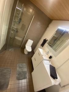 a bathroom with a shower and a sink and a toilet at DP Apartments Vaasa in Vaasa