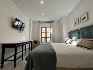 1 dormitorio con 1 cama grande y escritorio en Hotel Maestre, en Córdoba