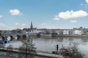 eine Stadt mit einem Fluss, einer Brücke und Gebäuden in der Unterkunft easyHotel Maastricht City Centre in Maastricht