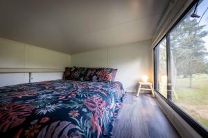 Tempat tidur dalam kamar di Tiny House Farmstay at Dreams Alpaca Farm - A Windeyer Outback Experience