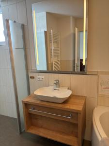 bagno con lavandino e specchio di Apartment 207 a Feldberg