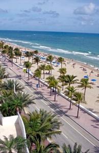 uma vista para uma praia com palmeiras e para o oceano em GalleryOne Doubletree Hilton GC Secret Blending em Fort Lauderdale