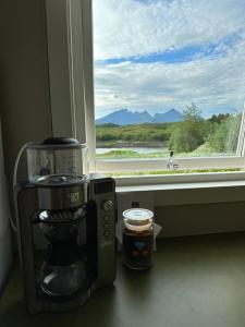 eine Kaffeemaschine neben einem Fenster mit Aussicht in der Unterkunft Nordlandshus Lofoten 