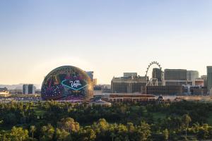 uma vista para uma cidade com uma montanha-russa em Las Vegas Marriott em Las Vegas