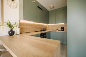 a kitchen with green cabinets and a wooden counter top at Apartment Oasis in Osijek