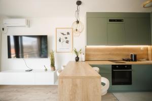 a kitchen with green cabinets and a wooden table at Apartment Oasis in Osijek