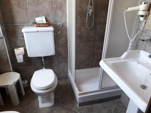 a bathroom with a toilet and a shower and a sink at Palazzo Marzano in Briatico