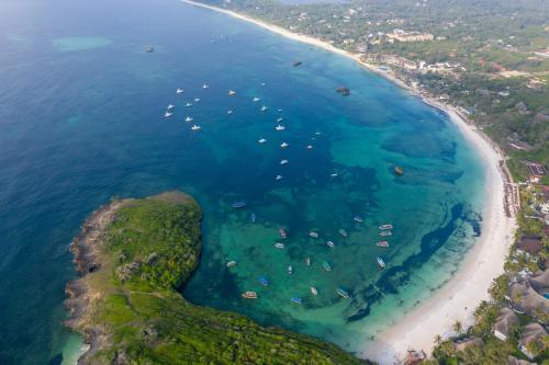 uma vista aérea de uma praia com barcos na água em Turtle Bay Beach Club em Watamu