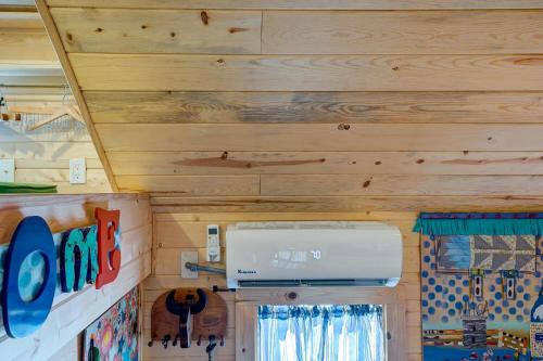 a ceiling in a room with wooden walls at Tiny House Leadville Colorado in Leadville