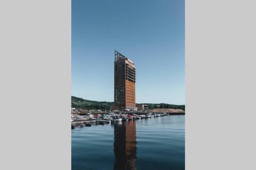 un edificio in un porto con barche in acqua di Mjøssuite with lovely view a Ringsaker