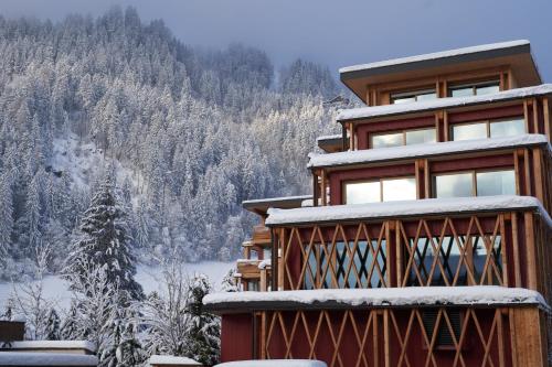 a house covered in snow with a mountain in the background at MalisGarten Green Spa Hotel in Zell am Ziller