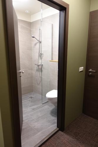 a bathroom with a glass shower with a toilet at Basalt Hotel in Borgarnes