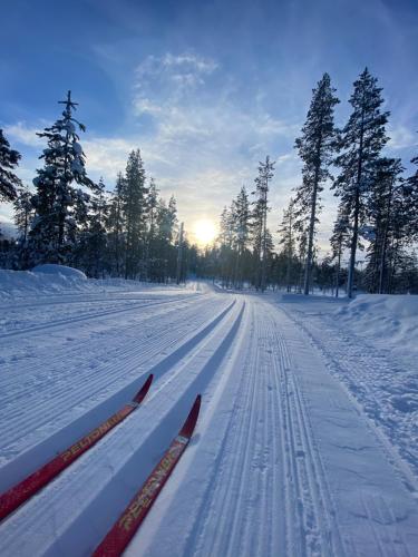 une paire de skis sur une route enneigée dans l'établissement Modern Lapland Cottage with Outdoor Sauna & BBQ Hut, à Slagnäs