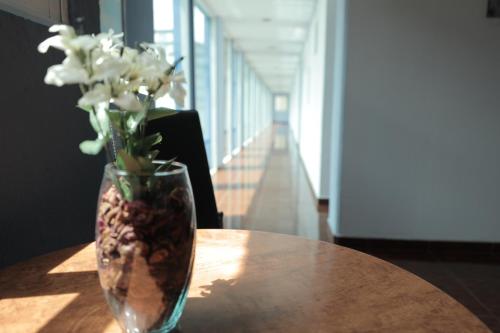 a vase with white flowers sitting on a table at Hotel Plaza Delta in Mexico City