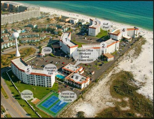 an aerial view of a resort near the beach at El Matador 454 - Beautiful views of the Gulf and pool - Includes seasonal beach service! in Fort Walton Beach