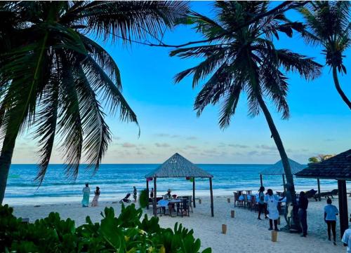 uma praia com palmeiras e pessoas na praia em White Elephant Sea Lodge em Melinde